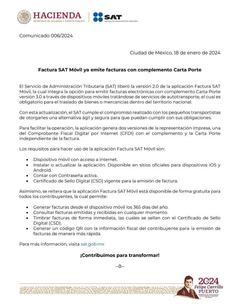 ¡Ahora si! SAT habilita elaboración de Complemento Carta Porte con aplicación SAT Móvil 2 IMG 20240118 WA0023